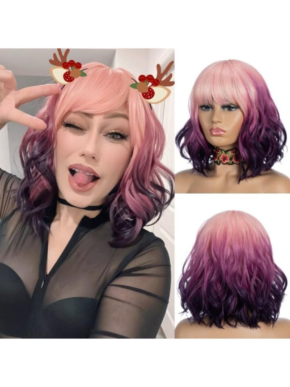 Women's Purple Pink Ombre Bob Party Wig with Bangs Short Curly Synthetic
